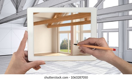 Hands Holding And Drawing On Tablet Showing Real Finished Interior With No People. Modern Empty Interior Sketch In The Background, Architecture Interior Design Presentation, 3d Illustration