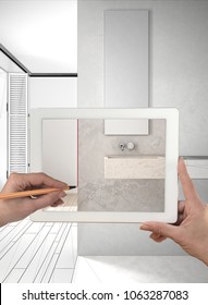 Hands Holding And Drawing On Tablet Showing Real Finished Minimalist Bathroom With No People. Modern White Bathroom Sketch In The Background, Architecture Interior Design Presentation, 3d Illustration