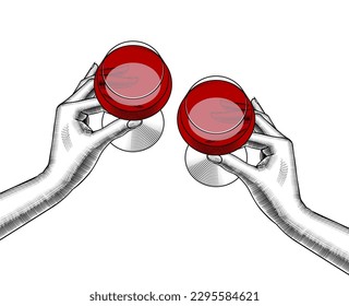 Hands holding a glasses with red wine. Friends raising a toast with glasses of  wine at family dinner.  Friends cheering with wine glasses. Vintage engraving stylized drawing.  - Powered by Shutterstock