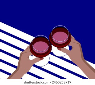 Hands holding glasses with red wine. Friends raise a toast with glasses of wine at a family dinner.    Relax on the terrace by the sea. Minimalistic and flat color drawing.  - Powered by Shutterstock