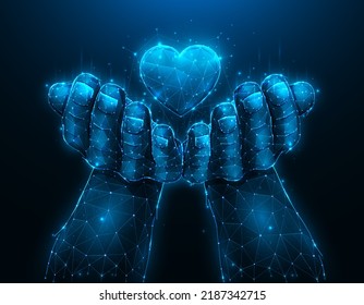 Hands holding heart symbol polygonal illustration on dark blue background. Love or charity concept, giving love artwork. Heart transplant, organ donation concept low poly design. - Powered by Shutterstock