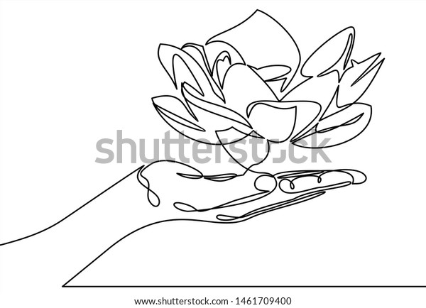 Hands Holding Lotus Flowercontinuous Line Drawing Stock Illustration 1461709400