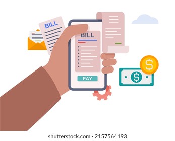 Hands Holding Mobile With Pay Of Utility, Bank, Restaurant And Other Bills Illustration.