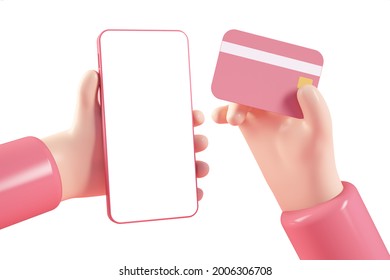 Hands holding mobile phone and credit card concept 3d rendering