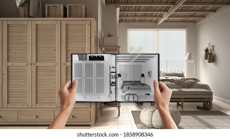 Hands holding notepad with creative bedroom design blueprint sketch or drawing. Real interior design project background. Before and after concept, architect designer work flow idea, 3d illustration