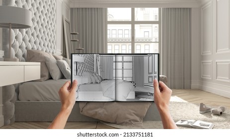 Hands holding notepad with creative bedroom design blueprint sketch or drawing. Real interior design project background. Before and after concept, architect designer work flow idea, 3d illustration