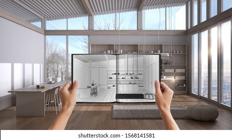 Hands Holding Notepad With Creative Kitchen Design Blueprint Sketch Or Drawing. Real Interior Design Project Background. Before And After Concept, Architect Designer Work Flow Idea, 3d Illustration