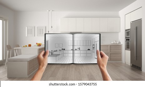 Hands Holding Notepad With Creative Kitchen Design Blueprint Sketch Or Drawing. Real Interior Design Project Background. Before And After Concept, Architect Designer Work Flow Idea, 3d Illustration