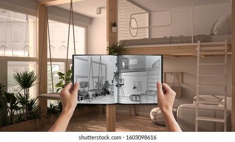 Hands Holding Notepad With Modern Studio Apartment Blueprint Sketch Or Drawing. Real Interior Design Project Background. Before And After Concept, Architect Designer Work Flow Idea, 3d Illustration