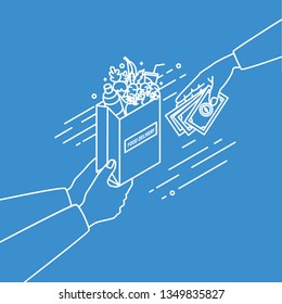 Hands Holding Paper Bag With Fruits And Vegetables And Passing Money Drawn With Contour Lines On Blue Background. Order In Food Delivery Service. Monochrome Illustration In Linear Style