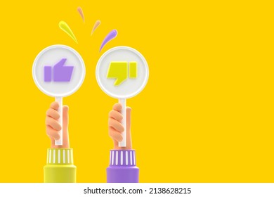 Hands Holding Round Boards With Thumb Up And Thumb Down On Yellow Background. Rate On Social Media, Like Or Dislike Sign, Good Or Bad, Right Or Wrong, Yes Or No. Cartoon Banner, 3d Render Illustration