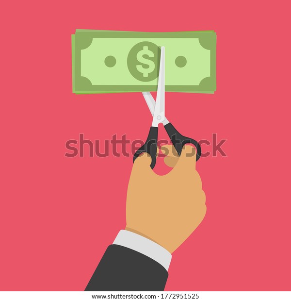 Hands holding scissors and cutting money\
bill. Reducing cost concept. Businessman Cutting dollar banknote.\
Big discount. Half price. Illustration in flat design isolated on\
red background.