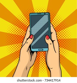 Hands Holding Smartphone Pop Art. Female Hands Hold A Mobile Phone. Illustration In Comic Style.