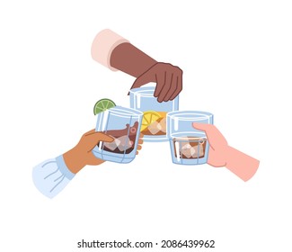 Hands Holding Strong Drinks In Glasses, Alcoholic Beverages With Ice Cubes. Cognac Or Whiskey, Brandy Or Rum With Lime Or Lemon Slice. Celebration And Toasting, Festivity Cheers. Flat Cartoon