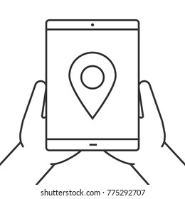 Hands Holding Tablet Computer Linear Icon. Gps Navigation. Thin Line Illustration. Tablet Computer With Map Pinpoint. Contour Symbol. Raster Isolated Outline Drawing