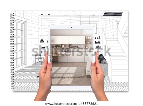 キッチンを示す手を持つタブレット 背景に設計図のスケッチを持つノートパソコン 拡張現実のコンセプト 家具やインテリアデザイン製品をシミュレートするアプリケーション 3dイラスト のイラスト素材 1485773621
