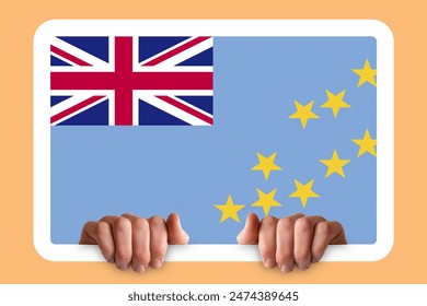 Hands holding a white frame with Tuvalu flag, independence day idea, two hands and frame, celebration or campaigning concept, protest or social issues in Tuvalu - Powered by Shutterstock