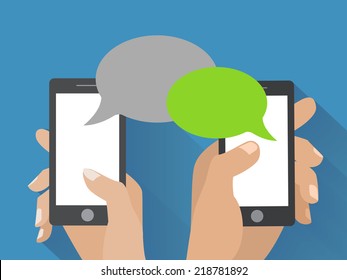 Hands Holing Smartphone With Blank Speech Bubble For Text. Using Smart Phone Similar To Iphon For Text Messaging. Flat Design Concept.