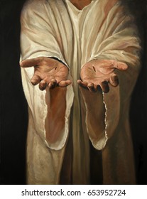 The Hands Of Jesus Showing Scars - Oil On Linen Painting