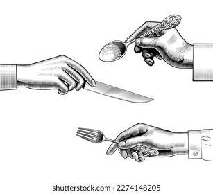 The hands man   woman and fork  knife   spoon  The theme food   cuisine  Vintage stylized drawing  