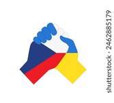 Hands with national flags of Ukraine and Czech Republic shaking each other as sign of peace and partnership. Peace agreement, support for Ukrainian citizens and army in war flat illustration