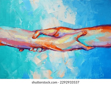 Hands - oil painting. The picture depicts a metaphor for teamwork. Conceptual abstract closeup of an oil painting and palette knife on canvas.