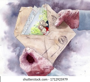 Hands Of An Old Person Holding An Open Envelope With A Letter And A Picture Of A Young Couple With A Child