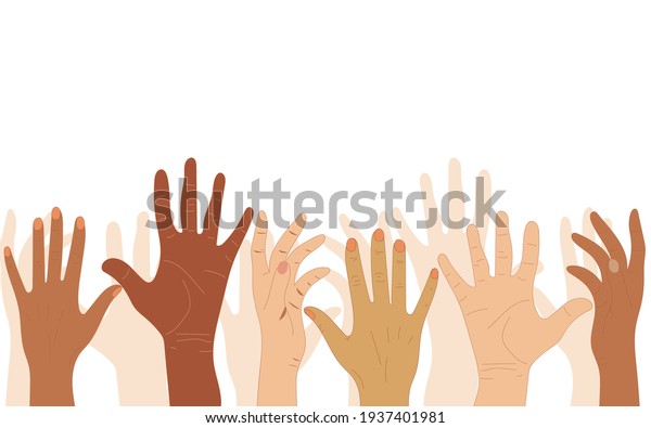 Hands of people with\
different skin colors, different nationalities and religions.\
Activists, feminists and other communities are fighting for\
equality. White background.\
