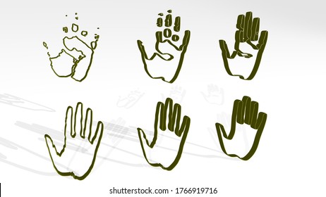 hands from a perspective on the wall. A thick sculpture made of metallic materials of 3D rendering. background and illustration
