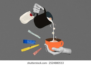 Hands pouring milk to cup, making coffee creative paper collage, Vintage creative collage of coffee cup pouring, cafe illustration. Colorful paper collage of hand pouring coffee, creative illustration - Powered by Shutterstock