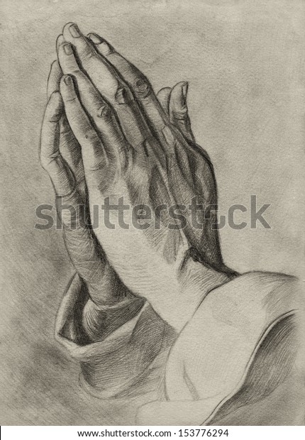 手を祈るポーズで 鉛筆の図面 のイラスト素材