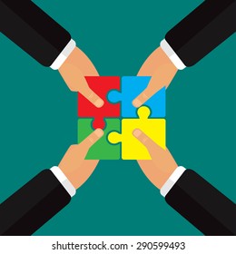 Hands Putting Puzzle Together Teamwork Vector Stock Vector (Royalty ...