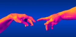 Hands Reaching. Digital Illustration Of Photographic Hands In Orange And Blue Vaporwave And Retrowave Style Aesthetic.
