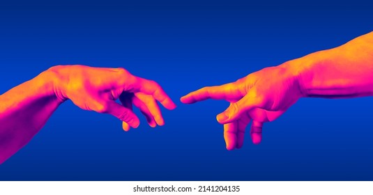 Hands Reaching. Digital Illustration Of Photographic Hands In Orange And Blue Vaporwave And Retrowave Style Aesthetic.