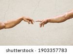 Hands reaching gesture, creation of adam wall paintings. 3D textured illustration of two male hands in the style of old renaissance oil and fresco artwork. Human relation, friendship, support symbol