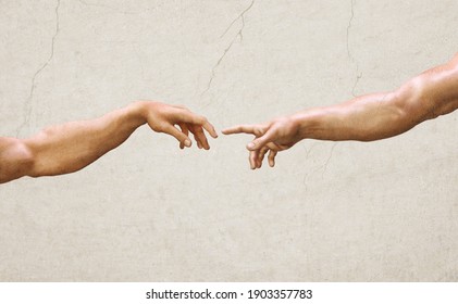 Жест рук, создание настенных росписей Адама. Трехмерная текстурированная иллюстрация двух мужских рук в стиле старого ренессанса маслом и фресками. Человеческие отношения, дружба, символ поддержки