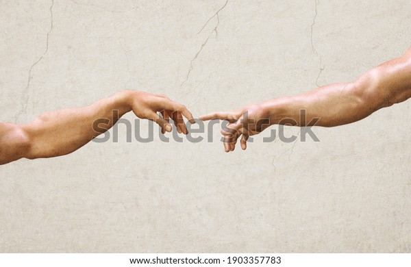 Hands reaching gesture, creation of adam wall\
paintings. 3D textured illustration of two male hands in the style\
of old renaissance oil and fresco artwork. Human relation,\
friendship, support\
symbol