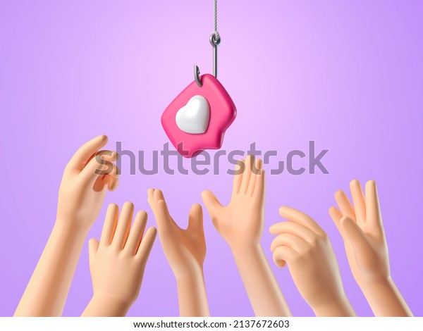 Hands reaching for a pin like with a heart on a\
hook. Social metaphor, revealing the concept of manipulation of\
opinion and greed. 3d\
render