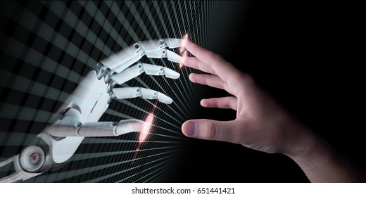 Hands of Robot and Human Touching. Virtual Reality or Artificial Intelligence Technology Concept 3d Illustration