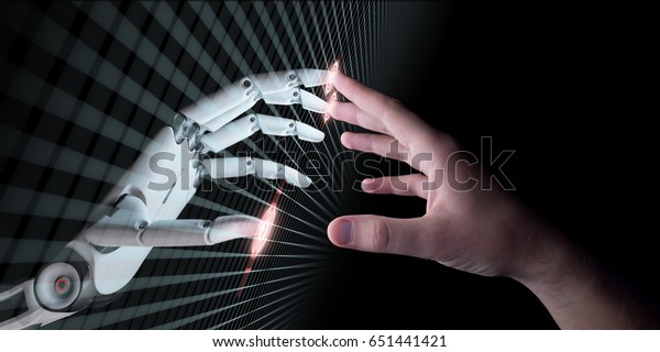 Hands of\
Robot and Human Touching. Virtual Reality or Artificial\
Intelligence Technology Concept 3d\
Illustration