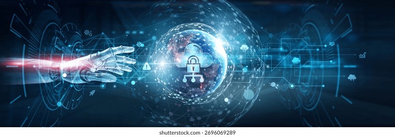 Hands of robot touch on cloud security network and encryption systems, access control, identity management, cyber threat prevention, compliance monitoring, secure data storage solutions.