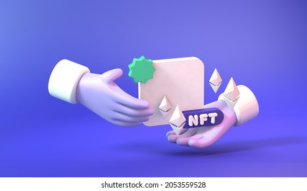 hands sharing 3d rendering illustration of NFT non fungible token for crypto art on purple background with 2 copies based in blockchain technology and disruptive monetization in collectibles market