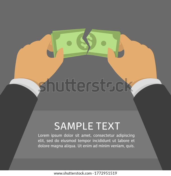 Hands tearing apart\
dollar money bill in half. Crisis, loss and finance concept.\
Illustration in flat\
design.