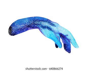 Hands Of Universe, Watercolor Painting Hand Drawn Blue Design Illustration