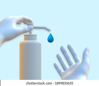 Hands Using Wash Hand Sanitizer Dispenser. Human Hands Using Sanitizer In Pump Bottle, Killing Germs, Bacteria, Virus. Covid 19 Protection, Save Lives. 3D Illustration