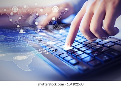 Hands of a young man on the keyboard with the elements. Collage.