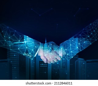 Handshake Close Up With Technology Buildings And Abstract Background. Modern People Making Business Deal Concept Backdrop