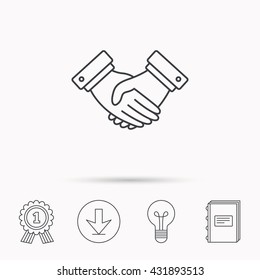 Handshake icon. Deal agreement sign. Business partnership symbol. Download arrow, lamp, learn book and award medal icons.
