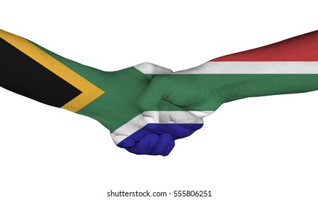 Handshake Of South African Flag Painted On Hands, Illustration With Clipping Path.
