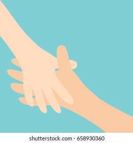 Handshake. Two Hands Arms Reaching To Each Other. Happy Couple. Mother And Child. Helping Hand. Close Up Body Part. Baby Care. Blue Background Isolated. Flat Design. 